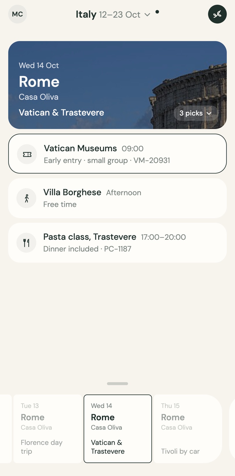 Onway on iPhone: Wednesday 14 October in Rome, with Vatican Museums at 09:00, Villa Borghese in the afternoon and a pasta class from 17:00